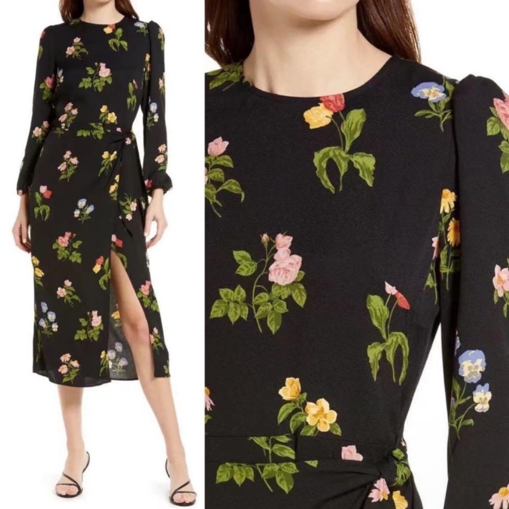REFORMATION Reza Floral Long Sleeve Faux‎ Wrap Midi Dress Black 10